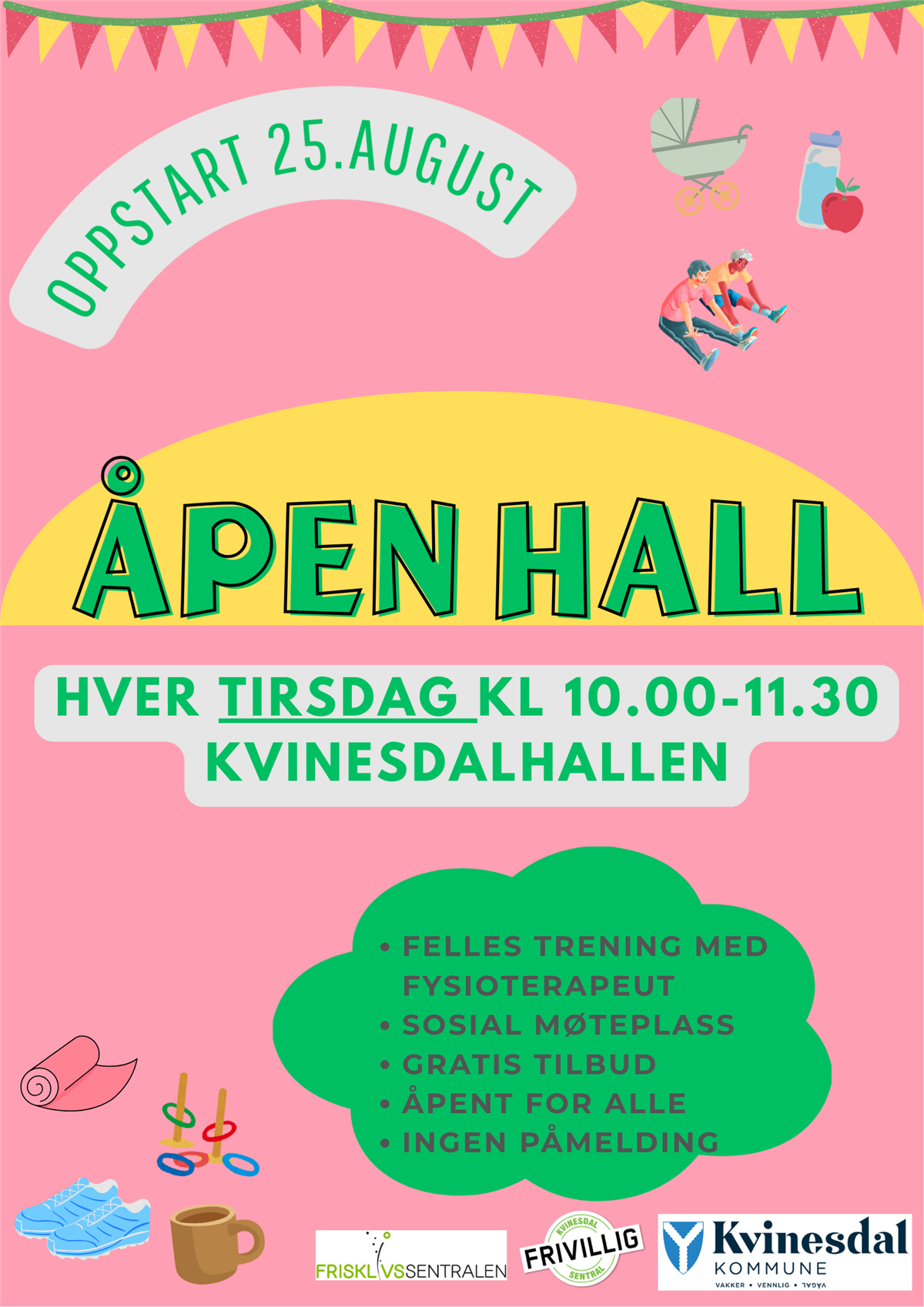 Åpen hall oppstart 25. august. Hver tirsdag kl. 10-11.30 i Kvinesdalhallen - Klikk for stort bilde