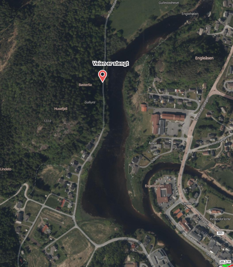 Kartutsnitt som viser hvor Gullestadvegen er stengt. - Klikk for stort bilde